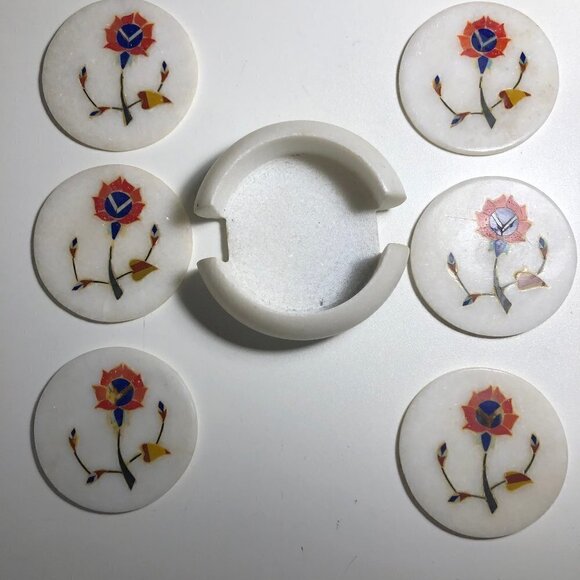 🎄 Natural Marble Mug Glass Coaster Set of 6 Floral Inlay Art #82-3 - Picture 3 of 4